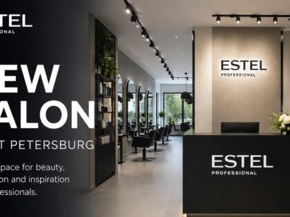 Modern ESTEL Professional salon interior in Saint Petersburg featuring elegant styling stations, premium hair care displays, contemporary design, and a welcoming reception area.